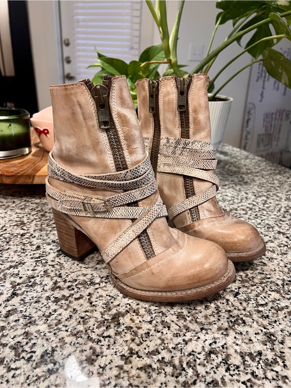 Women's Beige Leather Ankle Boots with Strappy Detail